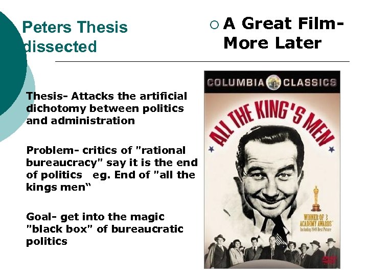 Peters Thesis dissected Thesis- Attacks the artificial dichotomy between politics and administration Problem- critics