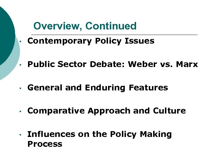 Overview, Continued • Contemporary Policy Issues • Public Sector Debate: Weber vs. Marx •