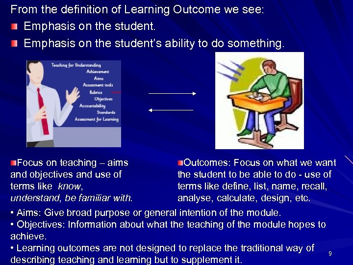 From the definition of Learning Outcome we see: Emphasis on the student’s ability to