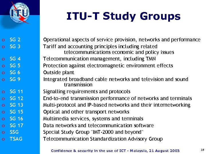 ITU-T Study Groups o o SG 2 SG 3 o o SG SG o