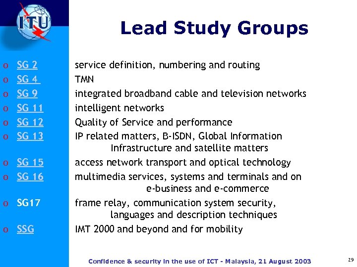 Lead Study Groups o SG 2 o SG 4 o SG 9 o SG