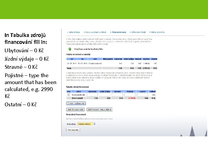 In Tabulka zdrojů financování fill in: Ubytování – 0 Kč Jízdní výdaje – 0