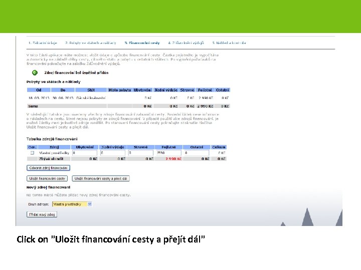 Click on "Uložit financování cesty a přejít dál" page 31 