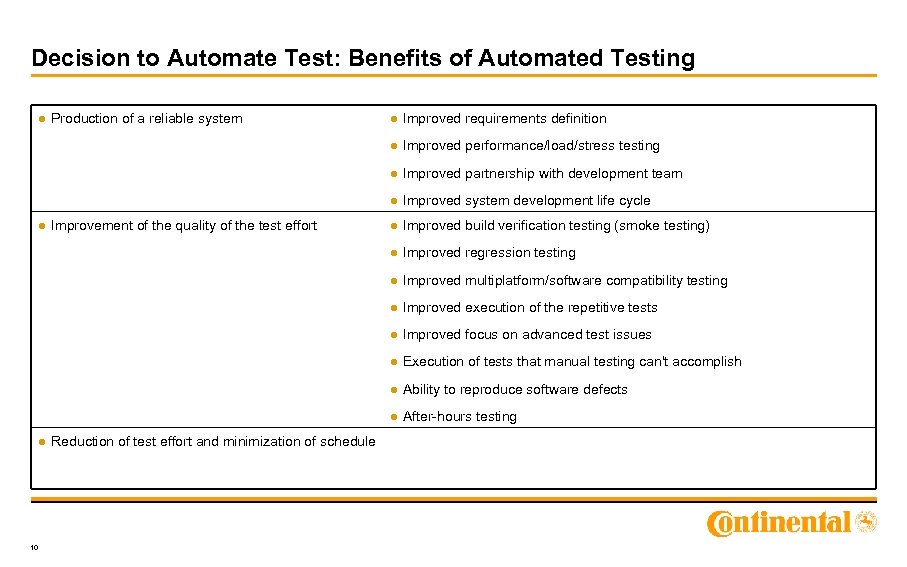 Decision to Automate Test: Benefits of Automated Testing ● Production of a reliable system