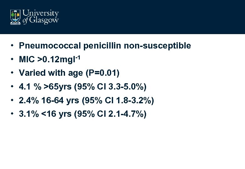  • Pneumococcal penicillin non-susceptible • MIC >0. 12 mgl-1 • Varied with age