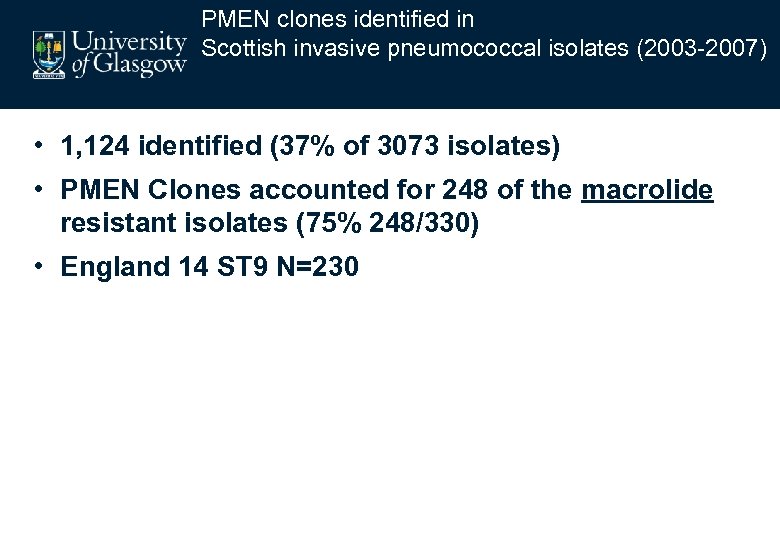 PMEN clones identified in Scottish invasive pneumococcal isolates (2003 -2007) • 1, 124 identified