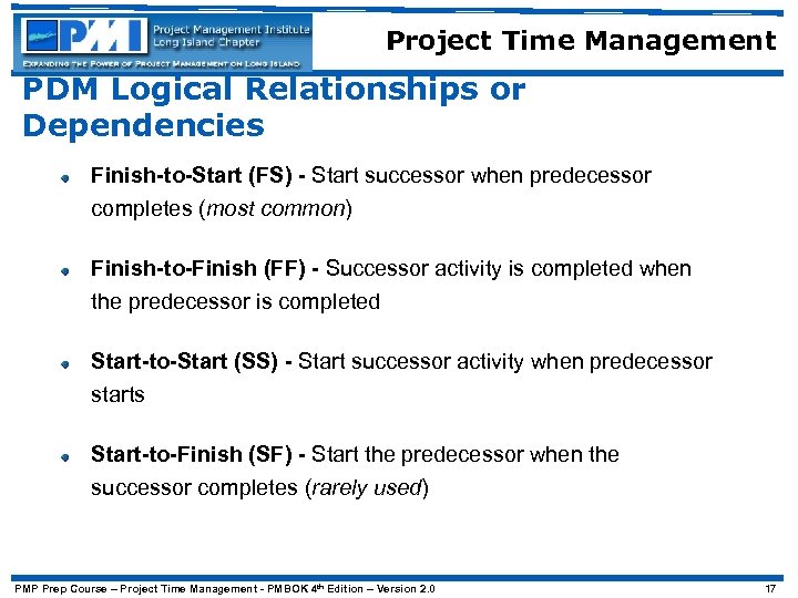 Project Time Management PDM Logical Relationships or Dependencies Finish-to-Start (FS) - Start successor when