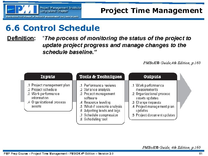 Project Time Management 6. 6 Control Schedule Definition: “The process of monitoring the status