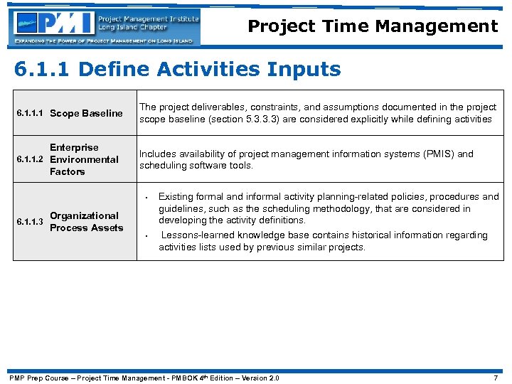 Project Time Management 6. 1. 1 Define Activities Inputs 6. 1. 1. 1 Scope
