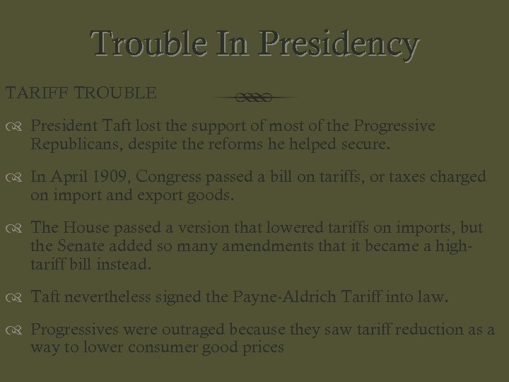 Trouble In Presidency TARIFF TROUBLE President Taft lost the support of most of the