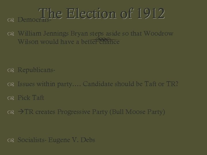 The Election of 1912 Democrats- William Jennings Bryan steps aside so that Woodrow Wilson