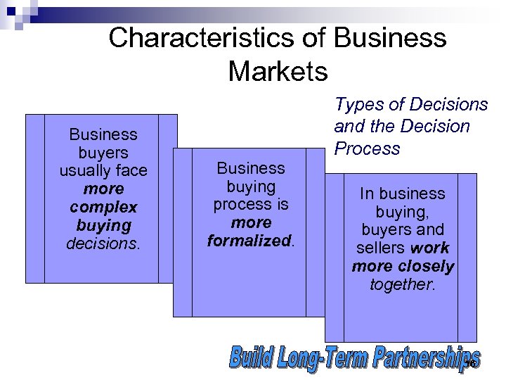 Characteristics of Business Markets Business buyers usually face more complex buying decisions. Business buying