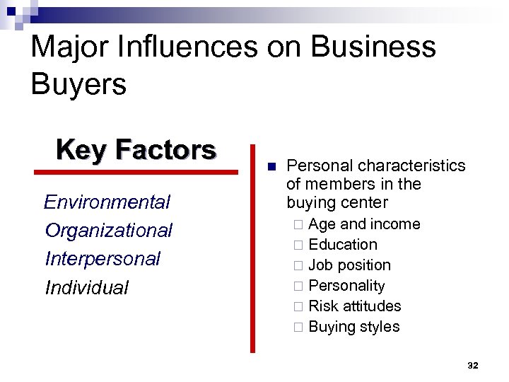 Major Influences on Business Buyers Key Factors Environmental Organizational Interpersonal Individual n Personal characteristics