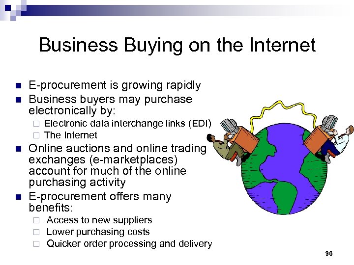 Business Buying on the Internet n n E-procurement is growing rapidly Business buyers may