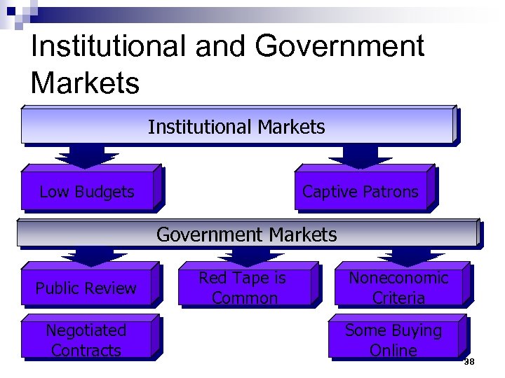 Institutional and Government Markets Institutional Markets Low Budgets Captive Patrons Government Markets Public Review