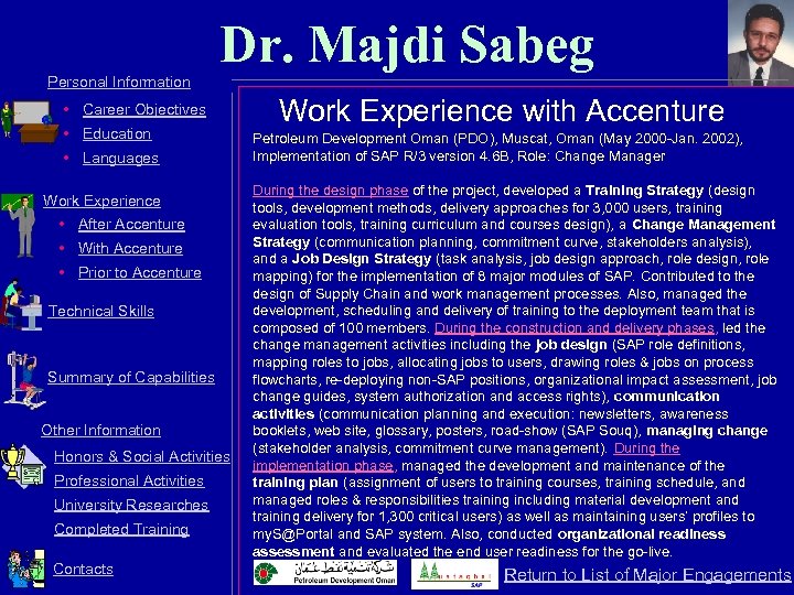 Dr. Majdi Sabeg Personal Information • Career Objectives • Education • Languages Work Experience