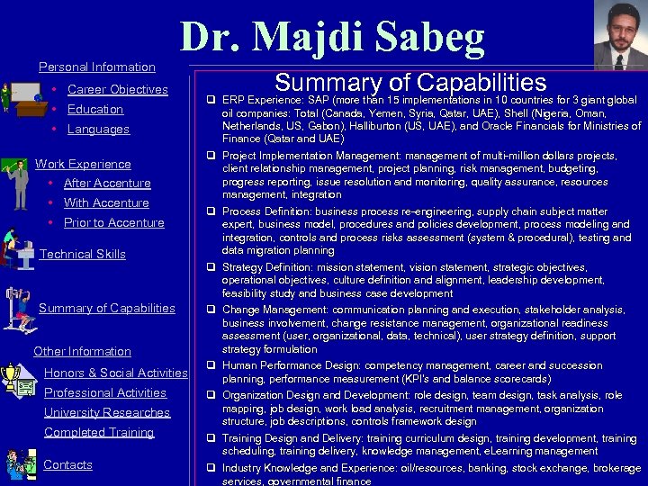 Dr. Majdi Sabeg Personal Information • Career Objectives • Education • Languages Work Experience