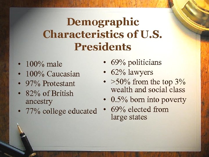 Demographic Characteristics of U. S. Presidents • • 100% male 100% Caucasian 97% Protestant