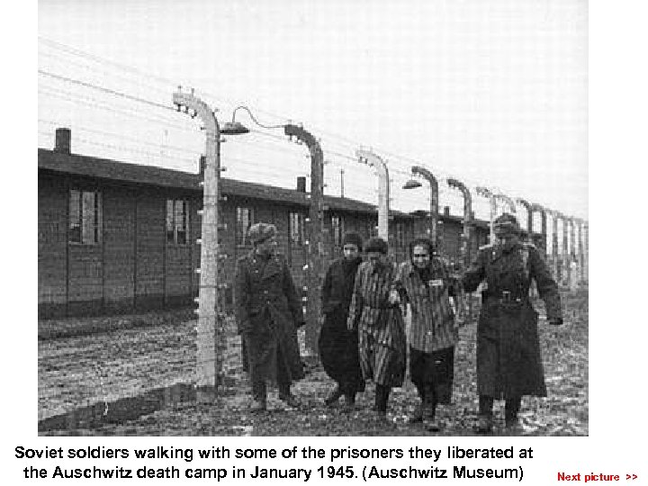 Soviet soldiers walking with some of the prisoners they liberated at the Auschwitz death