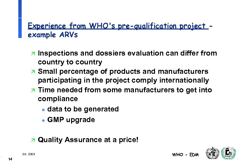 Experience from WHO's pre-qualification project example ARVs ä ä SK 2003 14 Inspections and