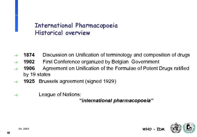 International Pharmacopoeia Historical overview ® ® 1874 Discussion on Unification of terminology and composition