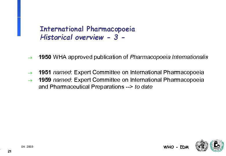 International Pharmacopoeia Historical overview - 3 ® 1950 WHA approved publication of Pharmacopoeia Internationalis