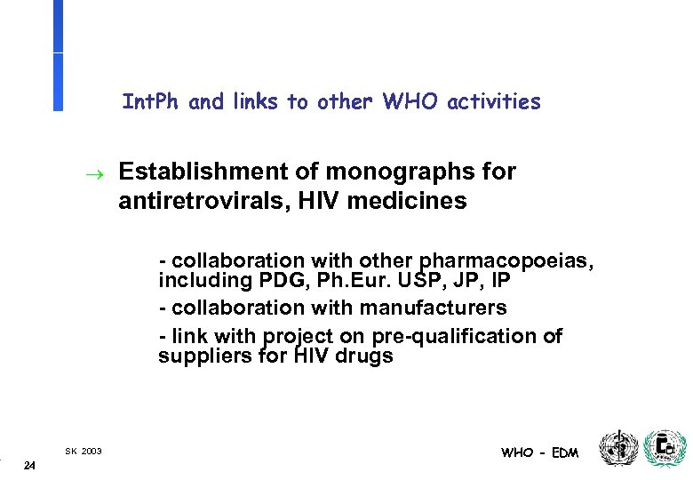 Int. Ph and links to other WHO activities ® Establishment of monographs for antiretrovirals,
