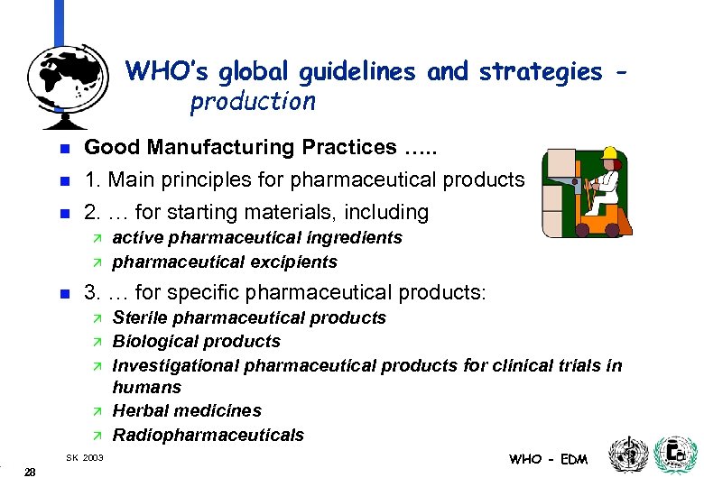 WHO’s global guidelines and strategies production n Good Manufacturing Practices …. . 1. Main