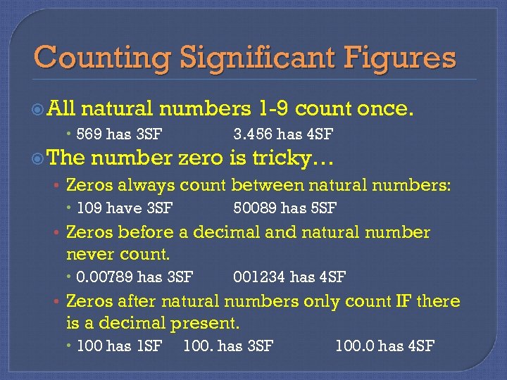 Counting Significant Figures All natural numbers 1 -9 count 569 has 3 SF 3.