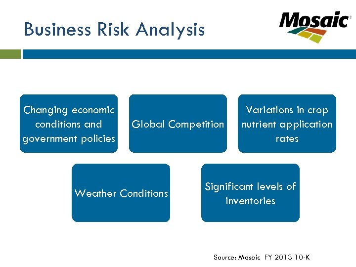 Business Risk Analysis Changing economic conditions and government policies Global Competition Weather Conditions Variations