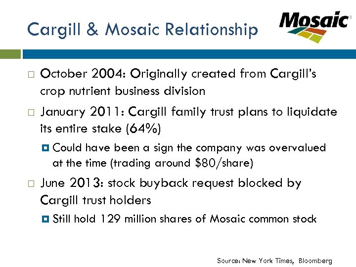 Cargill & Mosaic Relationship October 2004: Originally created from Cargill’s crop nutrient business division