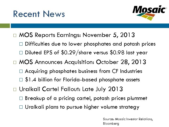 Recent News MOS Reports Earnings: November 5, 2013 MOS Announces Acquisition: October 28, 2013