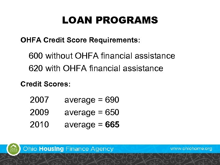 LOAN PROGRAMS OHFA Credit Score Requirements: 600 without OHFA financial assistance 620 with OHFA