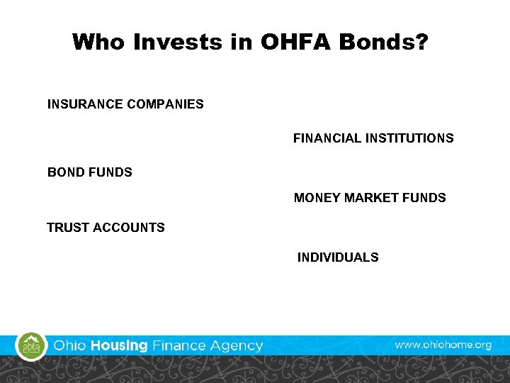 Who Invests in OHFA Bonds? INSURANCE COMPANIES FINANCIAL INSTITUTIONS BOND FUNDS MONEY MARKET FUNDS