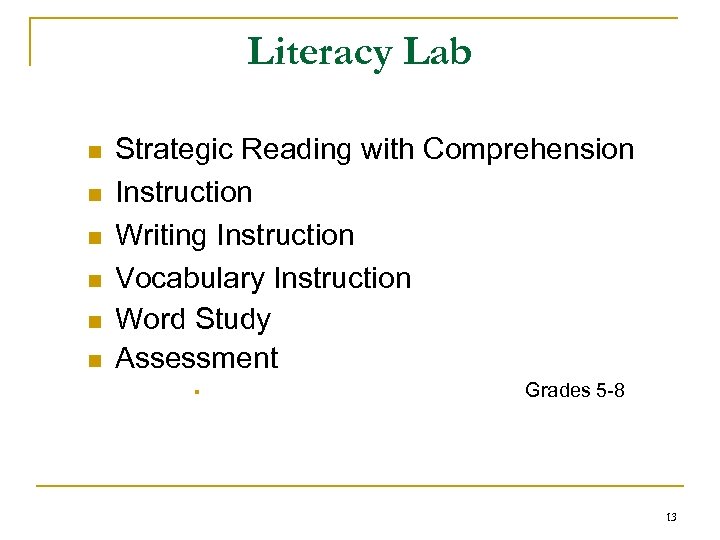 Literacy Lab n n n Strategic Reading with Comprehension Instruction Writing Instruction Vocabulary Instruction
