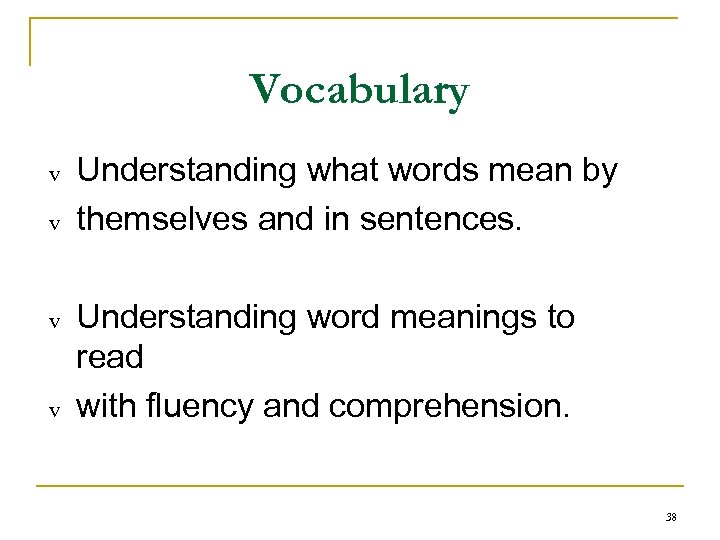 Vocabulary v v Understanding what words mean by themselves and in sentences. Understanding word