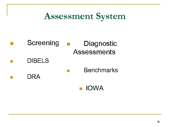 Assessment System n Screening n DIBELS n Diagnostic Assessments Benchmarks n n DRA n