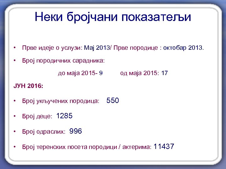 Неки бројчани показатељи • Прве идеје о услузи: Мај 2013/ Прве породице : октобар