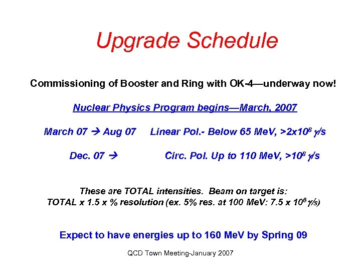 Upgrade Schedule Commissioning of Booster and Ring with OK-4—underway now! Nuclear Physics Program begins—March,