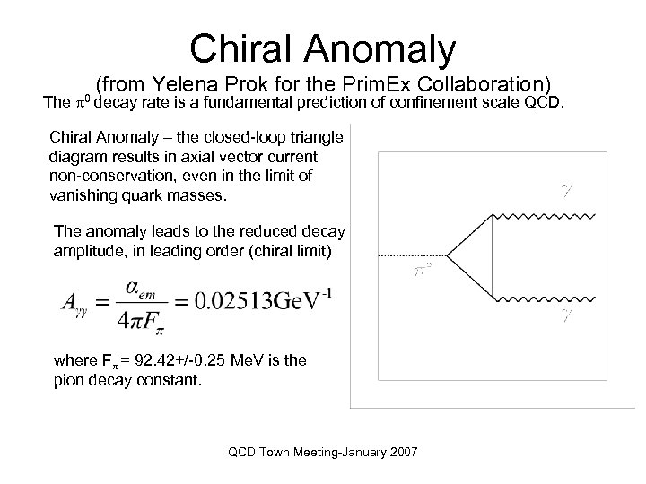 Chiral Anomaly The 0 (from Yelena Prok for the Prim. Ex Collaboration) decay rate