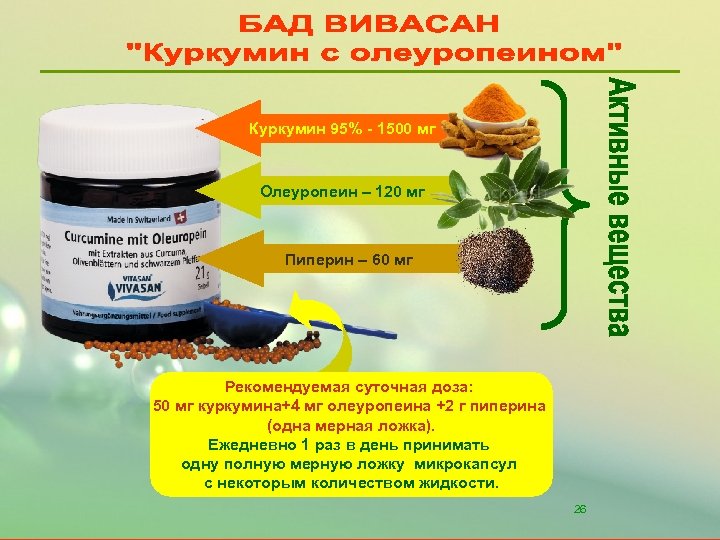 Куркумин 95% - 1500 мг Олеуропеин – 120 мг Пиперин – 60 мг Рекомендуемая