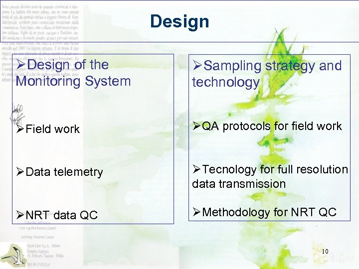 Design ØDesign of the Monitoring System ØSampling strategy and technology ØField work ØQA protocols