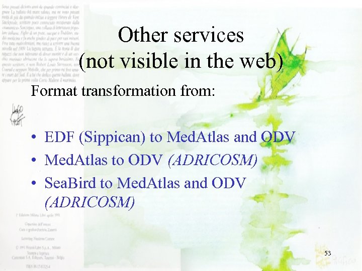 Other services (not visible in the web) Format transformation from: • EDF (Sippican) to