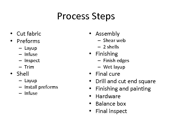 Process Steps • Cut fabric • Preforms – – Layup Infuse Inspect Trim •