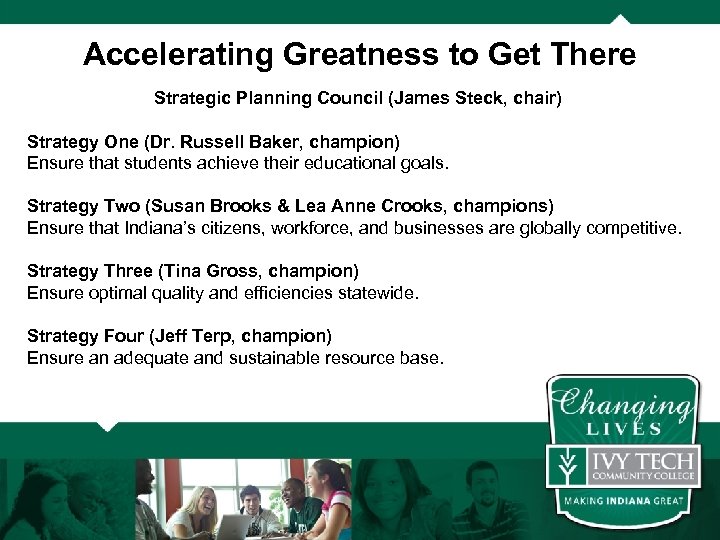 Accelerating Greatness to Get There Strategic Planning Council (James Steck, chair) Strategy One (Dr.
