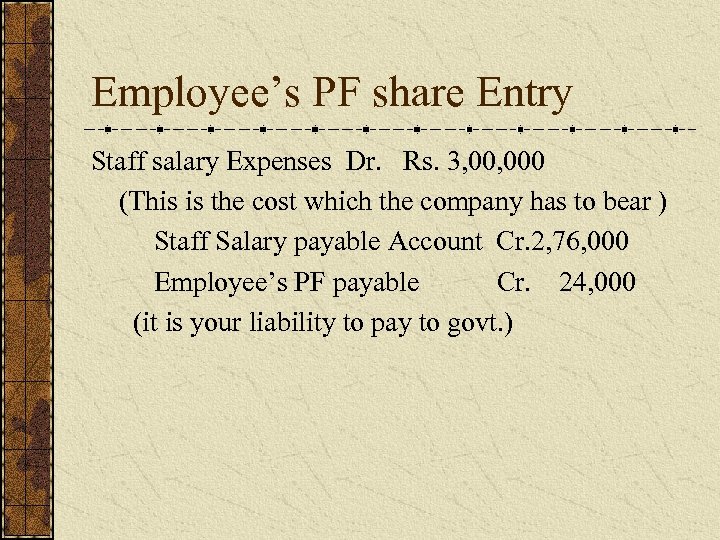 Employee’s PF share Entry Staff salary Expenses Dr. Rs. 3, 000 (This is the