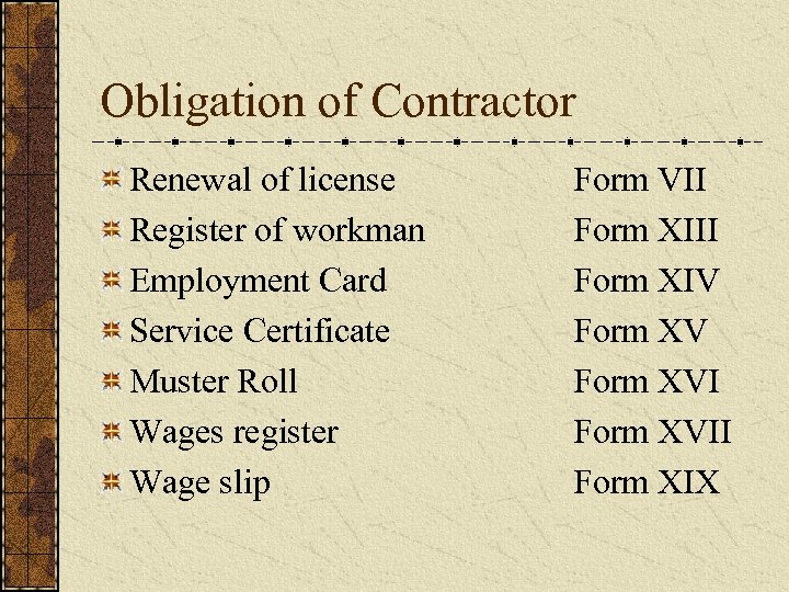 Obligation of Contractor Renewal of license Register of workman Employment Card Service Certificate Muster