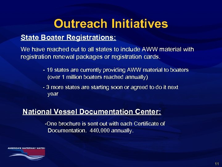 Outreach Initiatives State Boater Registrations: We have reached out to all states to include
