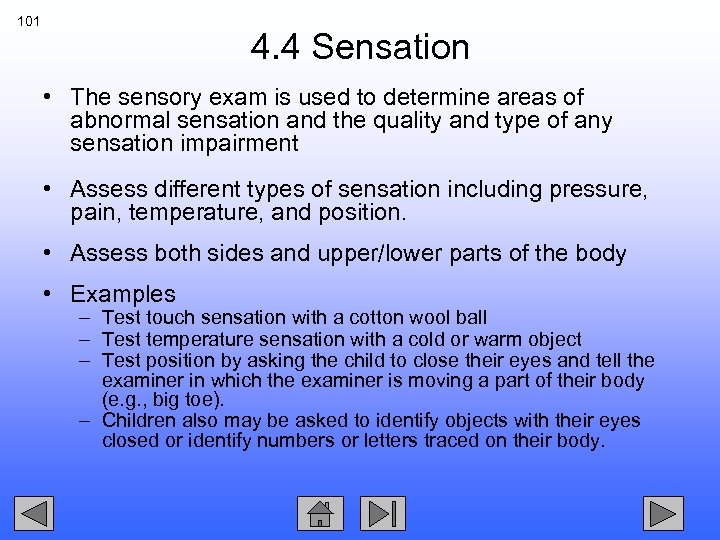 101 4. 4 Sensation • The sensory exam is used to determine areas of