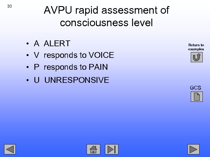 30 AVPU rapid assessment of consciousness level • A ALERT • V responds to